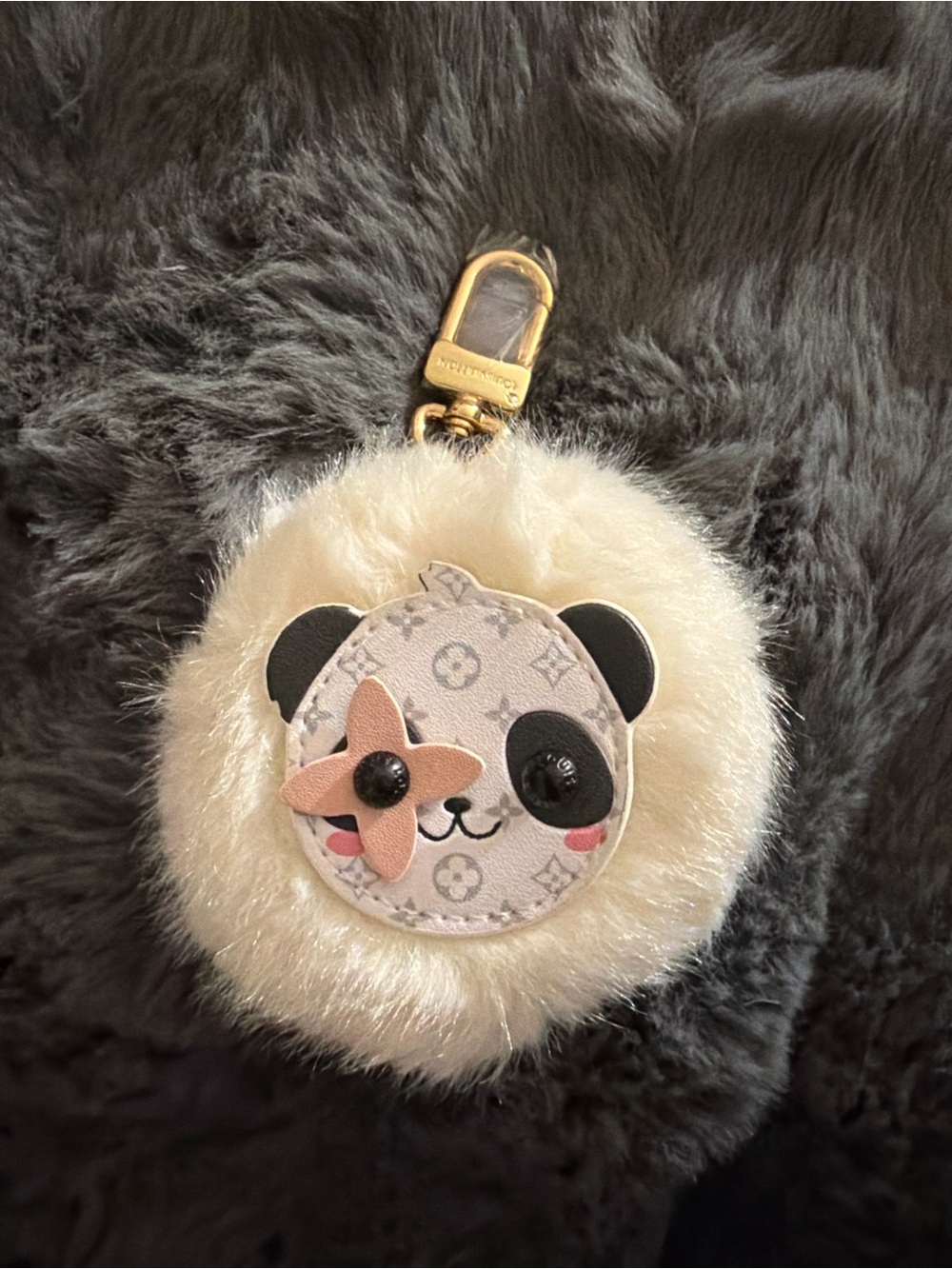 Plush Panda Pom Keychain Clip - Cream Fur with Gold Hardware